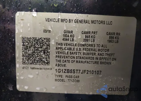 2018 Chevrolet Malibu 1Ls z USA, uszkodzony, nr VIN 1G1ZB5ST7JF210107